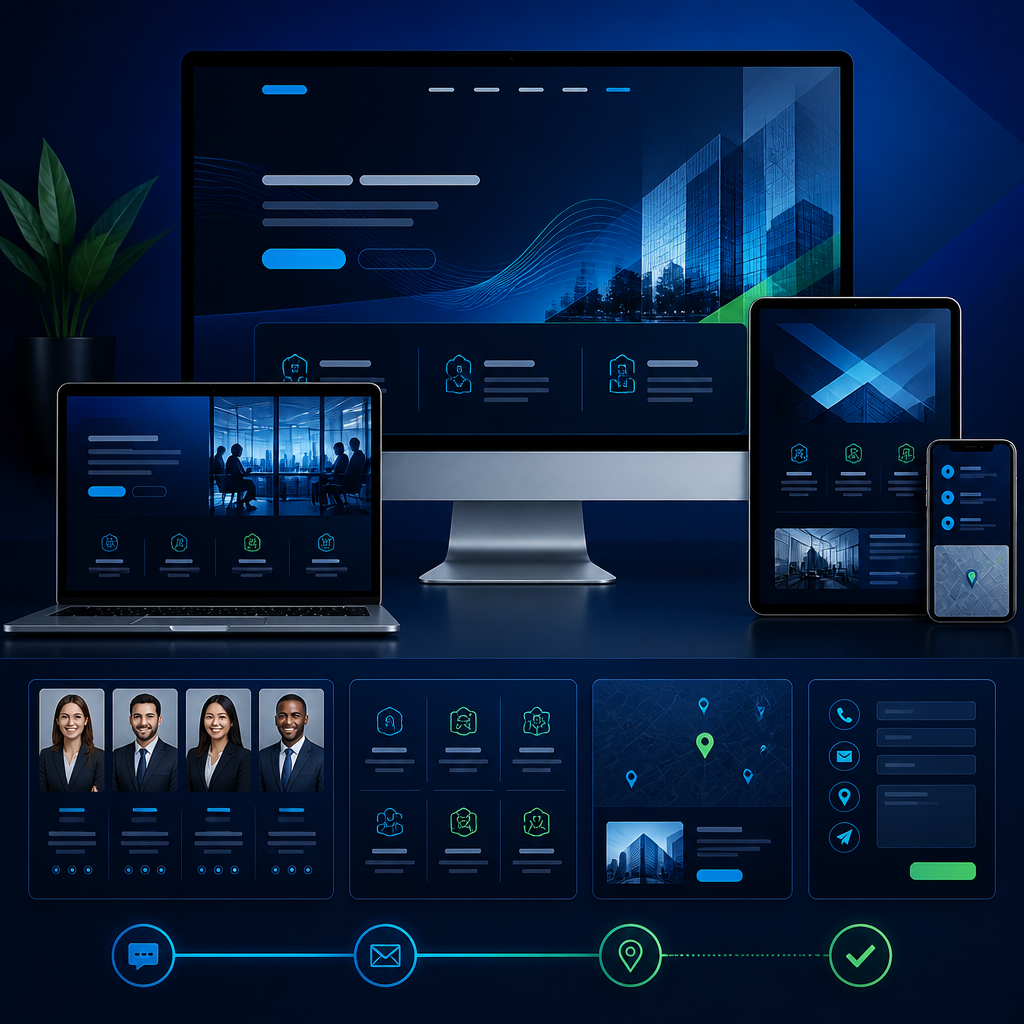 Company website layout with services and contact sections