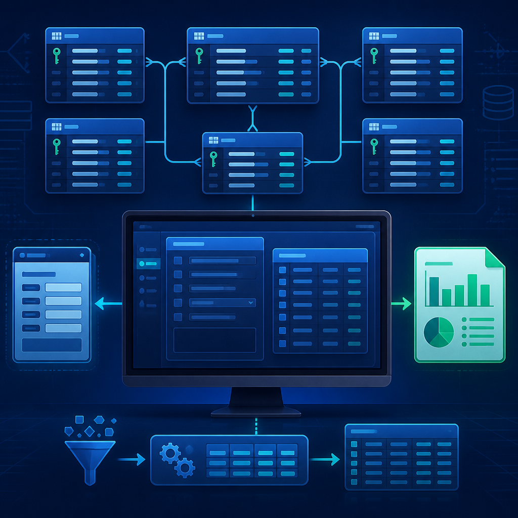 Database tables connected to forms, queries and reports