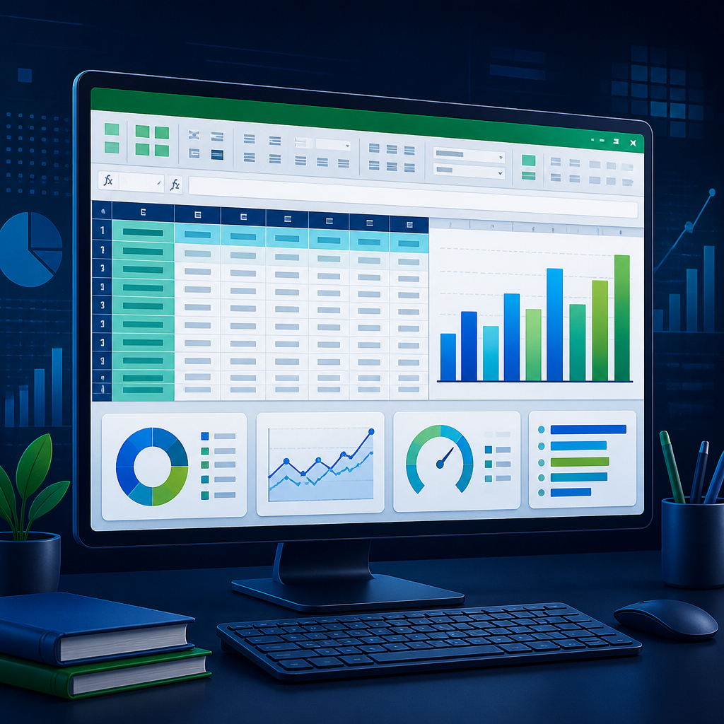 Excel spreadsheet with a data table, formulas and charts
