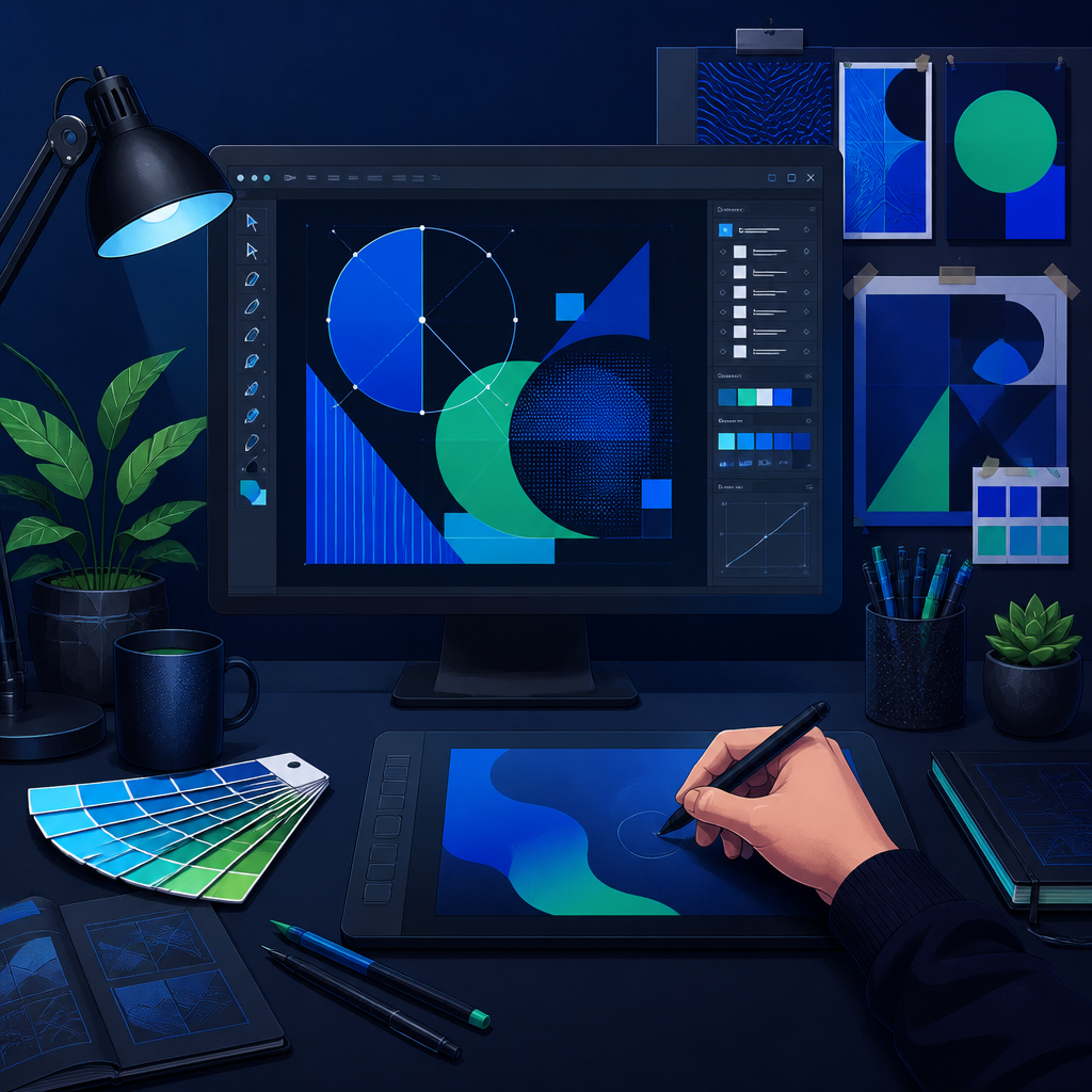 Creative design workspace with vector shapes and colour swatches