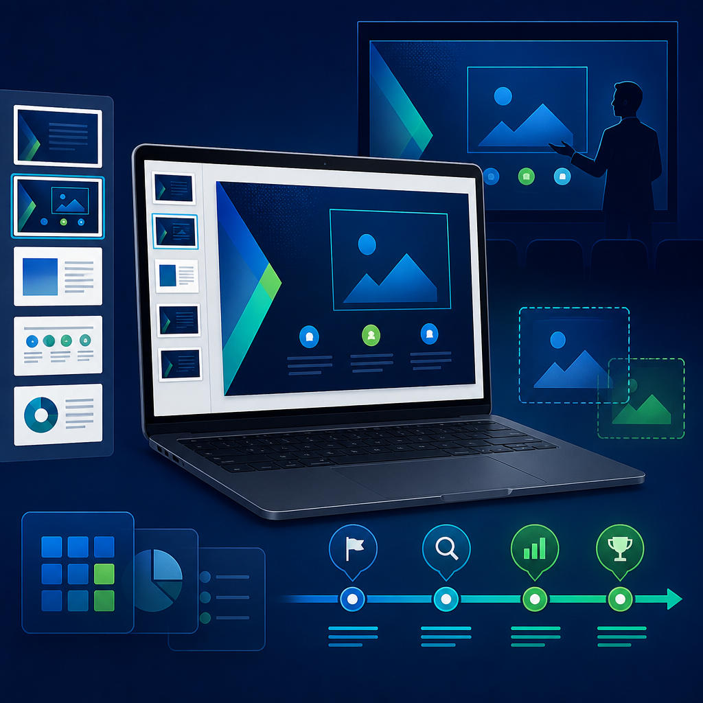 Presentation slides with visual layouts and a timeline