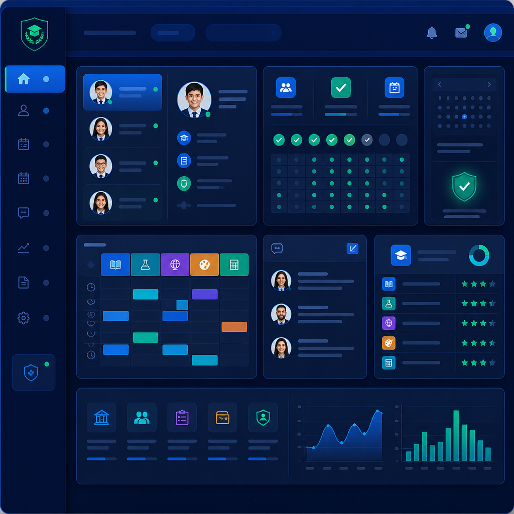 School administration dashboard with attendance, grades and student records